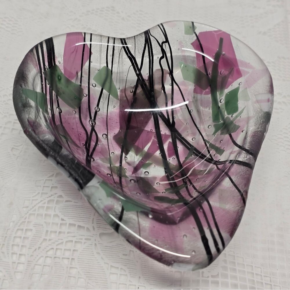 Vintage Fused Glass Heart Shaped Jewelry Trinket Dish Bowl Abstract Pink Green